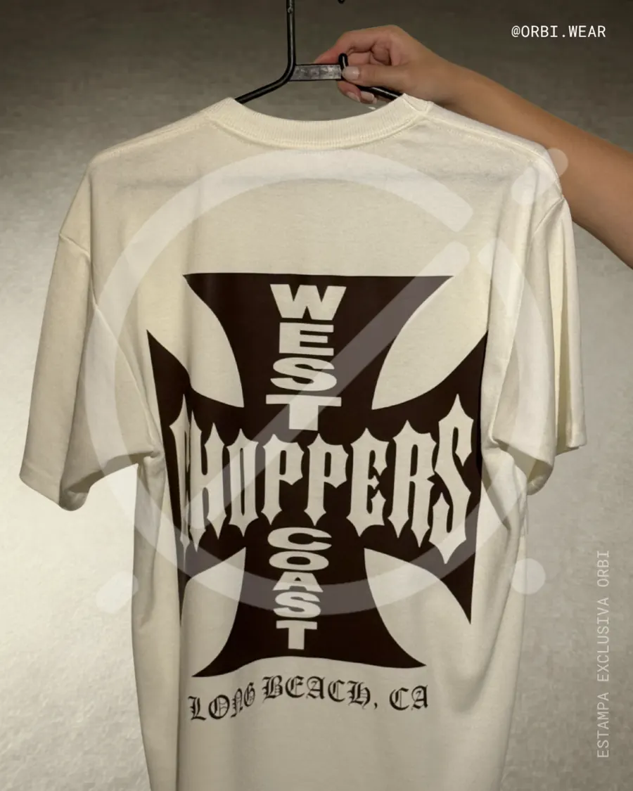 Detalhe de camiseta off white personalizada West Coast Choppers - ORBI Wear